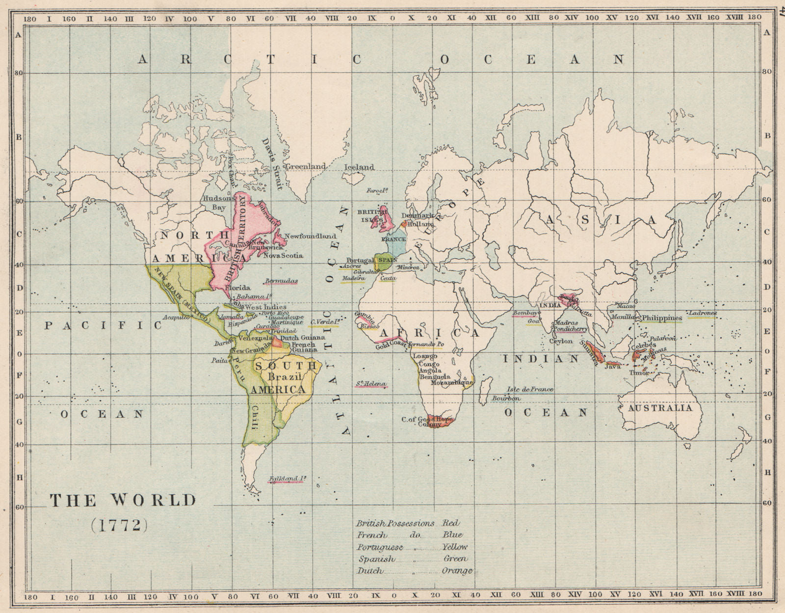 EUROPEAN EMPIRES IN 1772. British French Spanish Portuguese Dutch 1907 old map